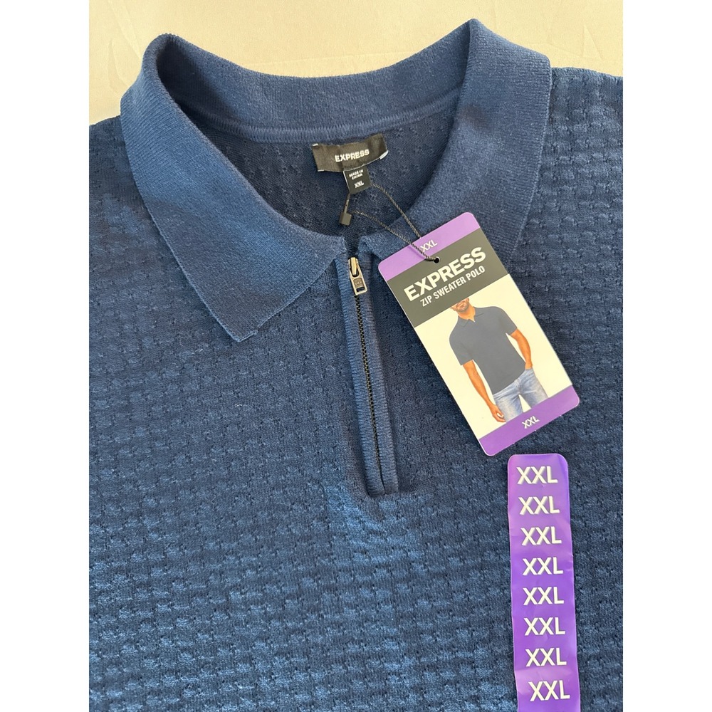 Express Mens XXL Blue Waffle Knit Zip Sweater Polo Short Sleeve NWT